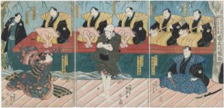 Actors Matsumoto Kôshirô V as an Announcer (Kôken Kôjô) (R), Onoe Kikugorô III as Obiya Chôemon (C), and Onoe Kikujirô II as Inanoya Ohan (L), with musicians Kishizawa Jusuke, Kishizawa Shikisa (R), Tokiwazu Wakatayû, Tokiwazu Komadayû (C), Tokiwazu Azumadayû, and Tokiwazu Kazusadayû (L), in the Jôruri number Obi no Ayakawa-zoi Yanagi