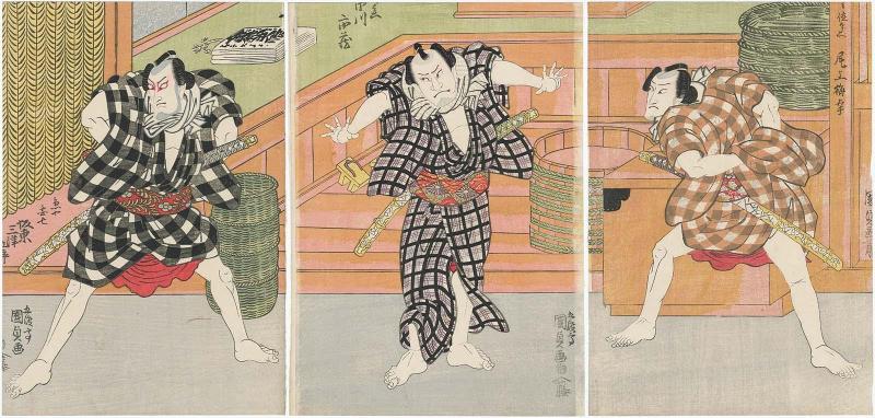 Actors Onoe Baikô III as Issun Tokubei (R), Ichikawa Ichizô I as Kurobei (C), and Bandô Mitsugorô III as Uoya Danshichi (L)