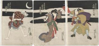 Actors Mimasu Gennosuke I as Asô no Matsuwaka (R), Iwai Kumesaburô II as Fukagawa, a Prostitute at the Inn (Shukuba jorô) (C), and Ichikawa Danjûrô VII as Oniô Kihei (L) 
