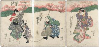 Actors Iwai Shijaku I as Osome (R), Ichikawa Danjûrô VII as the Monkey Trainer (Sarumawashi) Momota (C), and Iwai Kumesaburô II as Hisamatsu (L)