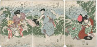 Actors Iwai Kumesaburô II as Asagao (R), Ichikawa Danjûrô VII as Tennichibô (C), and Iwai Shijaku I as Zenjibô (L)