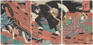 Actors Iwai Tojaku I as Mikuni Kojorô (R), Ichikawa Ebizô V as Kezori Kuemon (C), and Sawamura Tosshô I as Komatsuya Sôshichi (L)