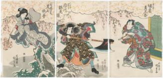 Actors Bandô Hikosaburô IV as Munesada (R), Ichikawa Ebizô V as Ôtomo no Kuronushi (C), and Onoe Kikugorô III as the Spirit of the Komachi Cherry Tree (Komachi sakura no sei) (L)