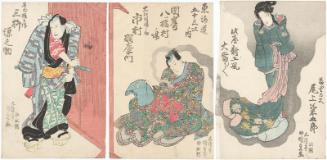 Actors Onoe Kikugorô III as Usugumo Tayû (R), Ichimura Uzaemon XII as Ôe Inabanosuke (C), and Mimasu Gennosuke I as Tôken Gonbei (L), in Yatsuhashi Village Scene, Okazaki, 53 Stations of the Tôkaidô (Tôkaidô gojûsan tsugi Okazaki Yatsuhashi mura no ba)