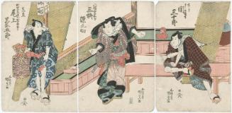 Actors Seki Sanjûrô II as Washi no Chôkichi, from Kamigata (Kudari) (R), Mimasu Gennosuke I as Hachiman-yama Yogorô (C), and Onoe Kikugorô III in an Imaginary Role (Mitate) as the Town Hairdresser (Machi kamiyui) Nuregami Chôgorô (L)
