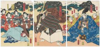 Actors Ichikawa Danjûrô VIII as Togashi Saemon (R), Ichikawa Ebizô V as Musashibô Benkei (C), and Ichikawa Saruzô I as Minamoto no Yoshitsune (L)