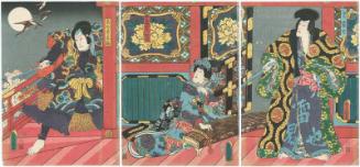 Actors Ichikawa Danjûrô VIII as Jiraiya (R), Iwai Kumesaburô III as Tagoto-hime, actually Teruta (C), and Arashi Rikan III as Takasago Yuminosuke (L)