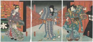 Actors Arashi Rikan III as Arakaze Ryûzaemon Orochimaru (R), Ichikawa Danjûrô VIII as Nishida Shirôza, actually Jiraiya (C), and Iwai Kumesaburô III as Sansuji no Oito, actually Tsunade (L)