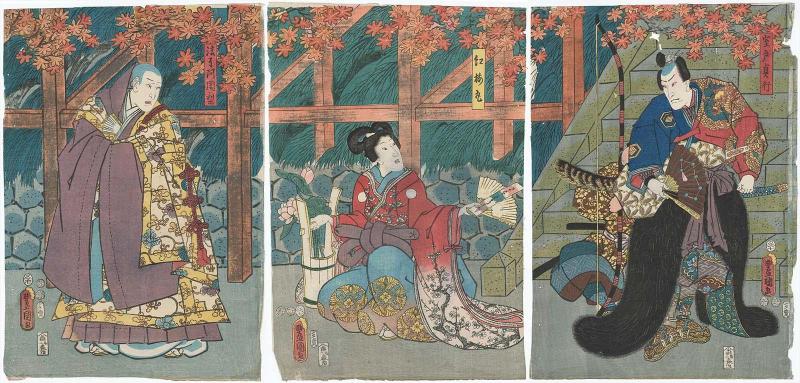 Actors Bandô Hikosaburô IV as Muroto Sadayuki (R), Onoe Baikô IV as Kôbaimaru (C), and Ichikawa Kodanji IV as Hôryô Ajari (L)