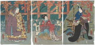 Actors Bandô Hikosaburô IV as Muroto Sadayuki (R), Onoe Baikô IV as Kôbaimaru (C), and Ichikawa Kodanji IV as Hôryô Ajari (L)