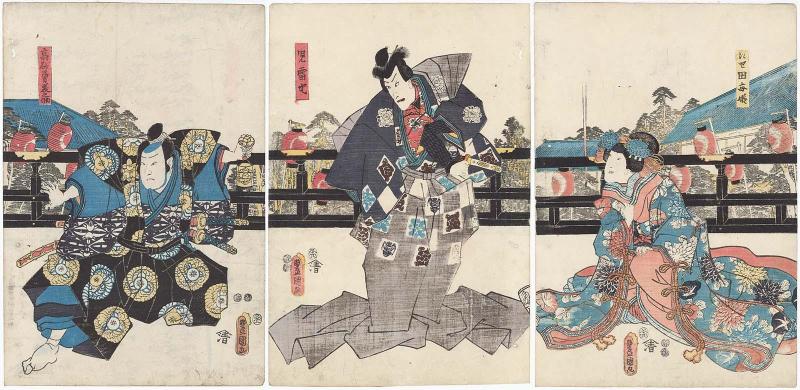 Actors Iwai Kumesaburô III as the False (Nise) Tagoto-hime (R), Ichikwa Danjûrô VIII as Jiraiya (C), and Arashi Rikan III as Takasago Yuminosuke (L)