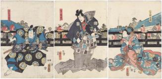Actors Iwai Kumesaburô III as the False (Nise) Tagoto-hime (R), Ichikwa Danjûrô VIII as Jiraiya (C), and Arashi Rikan III as Takasago Yuminosuke (L)