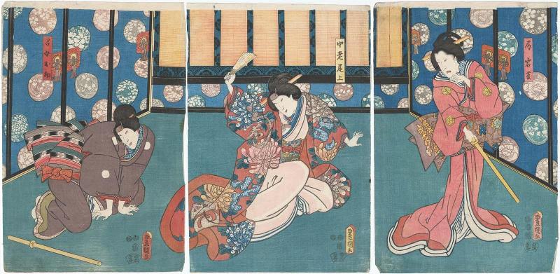 Actors Sawamura Chôjûrô V as Tsubone Iwafuji (R), Onoe Kikujirô II as Chûrô Onoe (C), and Bandô Shûka I as Jijo Ohatsu (L)