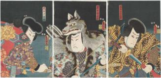 Actors Ichikawa Kuzô II as Thief (Tôzoku) Yashagorô (R), Arashi Rikan III as Takasago no Yuminosuke (C), and Ichikawa Danjûrô VIII as Ogata Jiraiya (L)