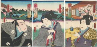 Actors in Act IV of Chûshingura: Bandô Takesaburô I as Ôboshi Rikiya (R), Iwai Kumesaburô III as Kaoyo Gozen (C), and Sawamura Chôjûrô V as Ôboshi Yuranosuke (L)