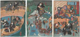 Actors in The Old Story of Sanshô Dayû (Mukashibanashi Sanshô Dayû): Ichikawa Hirogorô I as Yura no Saburô, Kawarazaki Chôjûrô III as Taiômaru, Ichikawa Ebizô V as Sanshô Dayû, Ichikawa Danjûrô VIII as Motoyoshi Kanamenosuke, Ichikawa Saruzô I as Anju-hime, Arashi Rikan III as Dayû's Daughter (Musume) Osan (R); Ichikawa Komazô VII as Kagawa Kazuma, Asao Okuyama III as Ôeno Gunryô, Ichikawa Dan'nosuke V as Sakurado, Onoe Shinshichi III as Iwaki no hangan, Ichikawa Kuzô II as Shichiya Jûbei (C); Ichikawa Kuzô II as Ôwada Kuranoshin, Ichikawa Ebizô V as Sanshô Dayû, Iwai Kumesaburô III as Wife (Nyôbô) Orachi, Arashi Rikan II as Yamaoka Gonroku, and Ichikawa Danjûrô VIII as Motoyoshi Yônosuke (L)