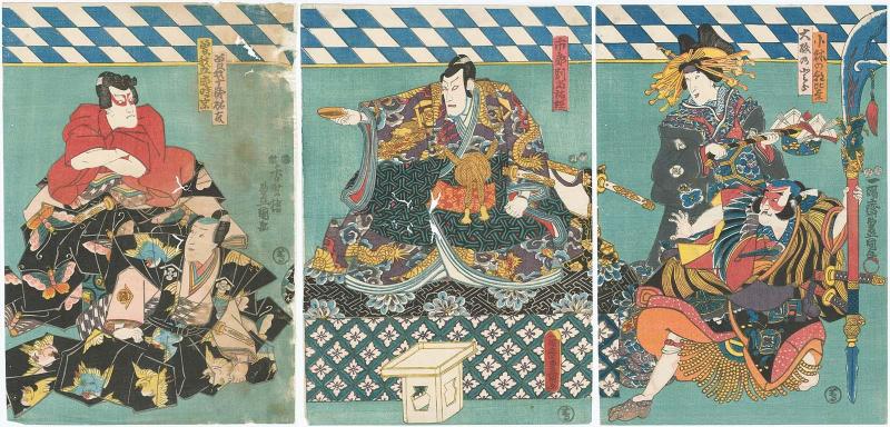 Actors Arashi Kichisaburô III as Kobayashi no Asahina, Bandô Shûka I as Ôiso no Tora (R), Ichikawa Danjûrô VIII as Ichirô Bettô Suketsune (C), Ichimura Takenojô V as Soga Jûrô Sukenari, and Ichikawa Kuzô II as Soga Gorô Tokimune (L)