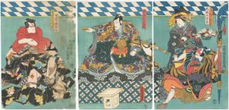 Actors Arashi Kichisaburô III as Kobayashi no Asahina, Bandô Shûka I as Ôiso no Tora (R), Ichikawa Danjûrô VIII as Ichirô Bettô Suketsune (C), Ichimura Takenojô V as Soga Jûrô Sukenari, and Ichikawa Kuzô II as Soga Gorô Tokimune (L)