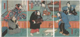 Actors Bandô Sajûrô I as Numata Junsai, Bandô Takesaburô I as Oguri Sôtan (R), Bandô Hikosaburô IV as Manchô's Widow (Goke) Omaki, Nakayama Ichizô I as Ariwaraya Narihira (C), Arashi Otohachi III as Makanaibaba Okuma, and Iwai Kumesaburô II as Manchô's Daughter Okoma (L)