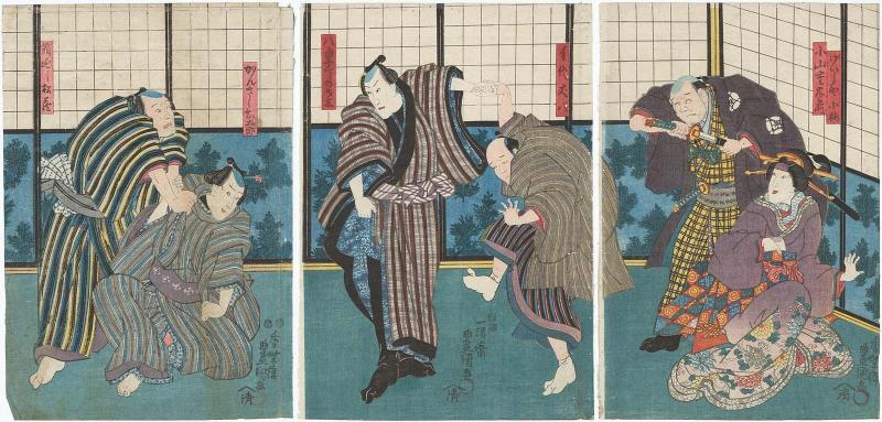 Actors Fujikawa Kayû III as the Geisha Koume, Nakayama Fumigorô II as Koyama Shigesaemon (R); Nakamura Kantarô I as Tedai Jôhachi, Ichikawa Danjûrô VIII as Yaekushi no Saiza (C); Ichimura Takenojô V as Kanzashi Jingorô, unknown as Hakomawashi Matsuzô (L)