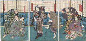 Actors Fujikawa Kayû III as the Geisha Koume, Nakayama Fumigorô II as Koyama Shigesaemon (R); Nakamura Kantarô I as Tedai Jôhachi, Ichikawa Danjûrô VIII as Yaekushi no Saiza (C); Ichimura Takenojô V as Kanzashi Jingorô, unknown as Hakomawashi Matsuzô (L)