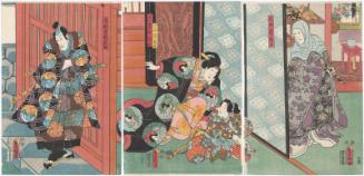 Actors Ichikawa Kuzô II as the Dowager Nun (Ama Midai) Masako (R), Ichikawa Kôzô as the Son (Isshi) Ichiwakamaru, Arashi Rikan III as Yoichi's Wife (Tsuma) Hangaku-jo (C), and Ichikawa Danjûrô VIII as Asari no Yoichi Yoshitada (L)
