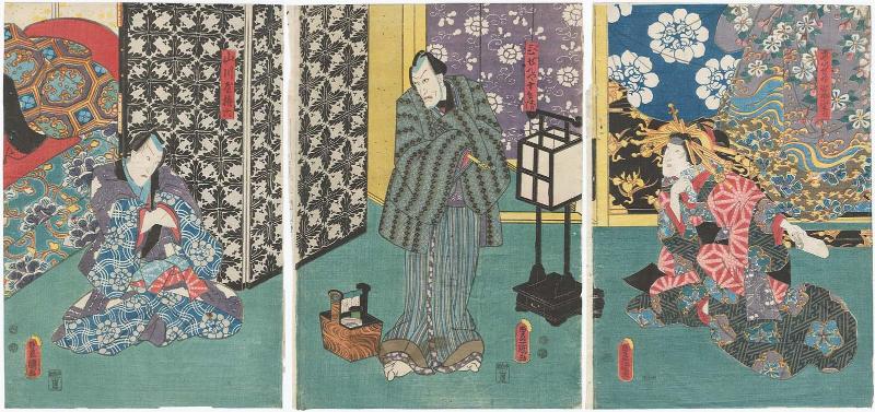 Actors Iwai Kumesaburô III as the Courtesan (Keisei) Iwasaki (R), Ichikawa Ebizô V as Bizen'ya Jûbei (C), and Ichikawa Danjûrô VIII as Yamakawaya Gonroku (L)