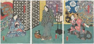 Actors Iwai Kumesaburô III as the Courtesan (Keisei) Iwasaki (R), Ichikawa Ebizô V as Bizen'ya Jûbei (C), and Ichikawa Danjûrô VIII as Yamakawaya Gonroku (L)