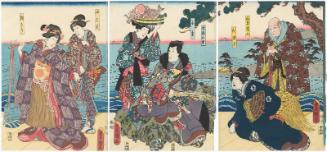 Actors Ôtani Tomoemon IV as Yamana Sônyû, Fujikawa Kayû III as Tamaki (R), Ichikawa Danjûrô VIII as Jirô no kimi, Nakamura Kamenojô I as Chidori (C), Arashi Koroku V as the Mother (Haha) Shiba, and Bandô Shûka I as Asagiri (L)