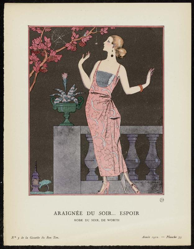 "Araignée du Soir... Espoir - Robe du soir, de Worth," plate 35 from Gazette du Bon Ton, Volume 1, No. 5