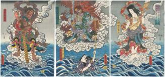 Actors Bandô Shûka I as Seitaka Dôji (R), Ichikawa Danjûrô VIII as both the Fudô of Mount Narita (Naritayama Fudô myôô) and Hiranoya Tokubei, later Honchômaru Tsunagorô (C), and Ichikawa Kuzô II as Kongara Dôji (L), in the Scene of Honchômaru's Rescue by the Narita Deities (Honchômaru Tsunagorô Naritasan no gorieki ni sunawachi abunai ichimei o tasukaru no tokoro)