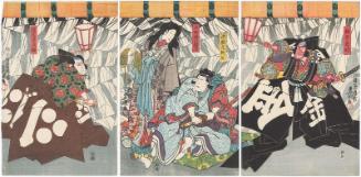 Actors Ichikawa Ebizô V as Sakata Kintoki (R), Sawamura Chôjûrô V as Minamoto Yorimitsu Ason, Onoe Baikô IV as the Spirit of the Earth Spider (Tsuchigumo no seirei) (C), and Bandô Hikosaburô IV as Watanabe Genji Tsuna (L)