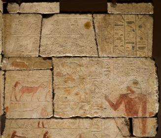 South wall, uppermost registers; scribes, animal processions and part of standing figure of Kay…