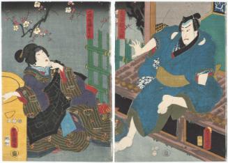 Actors Arashi Kichisaburô III as Keyamura Rokusuke (R) and Nakamura Tomijûrô II as Ichimisai's Daughter (Musume) Osono (L)