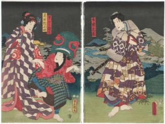 Actors Bandô Shûka I as Shiranui Daijin (R), Arashi Wasaburô II as Kusakari Kamasaku, and Arashi Rikaku II as Hananomura Chigusa (L) 
 
