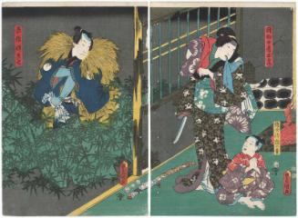 Actors Bandô Kichiya as Inosuke's Son (Segare) Inomatsu, Arashi Rikan III as Inosuke's Wife (Nyôbô) Otsuyu (R), and Bandô Takesaburô I as Tadasaku's Son (Segare) Tadashichi (L)
 
