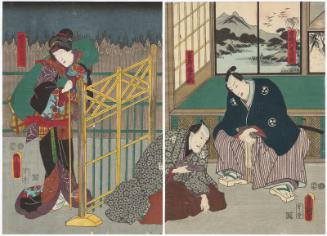 Actors Nakamura Fukusuke I as Miyagi Asojirô, Seki Sanjûrô III as Fujiya Tokuemon (R), and Onoe Kikujirô II as the Blind Minstrel (Goze) Asagao (L)
 
