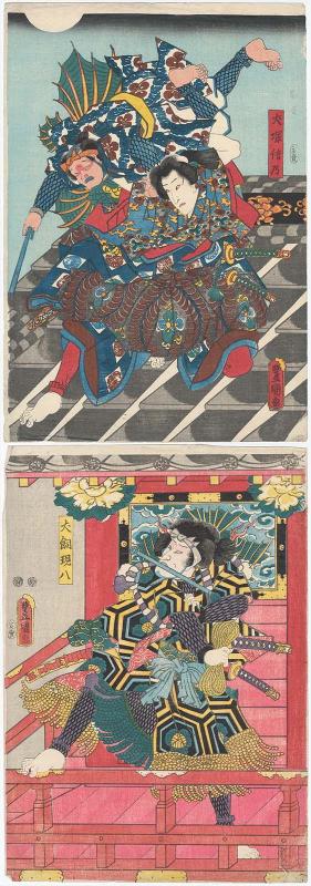 Actors Bandô Shûka I as Inuzuka Shino, with Nakamura Kantarô I (?) (T), and Seki Sanjûrô III as Inukai Genpachi (B) 
  
