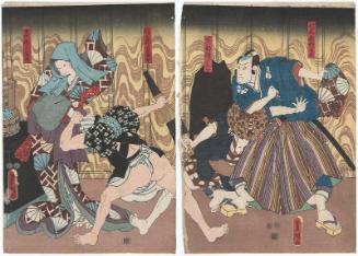 Actors Bandô Hikosaburô IV as Nikki Kiyonosuke, Ichikawa Kodanji IV as Shimobe Sumahei (R), Bandô Hikosaburô IV as Shimagaeri Chôkichi, and Ichikawa Kodanji IV as Shinonome (L)
 
