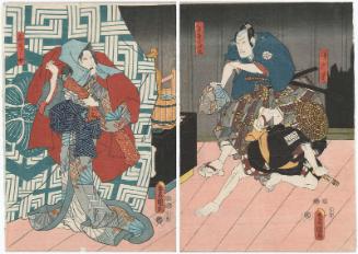 Actors Ichikawa Kodanji IV as Sumabei, Bandô Hikosaburô IV as Nikki Kiyonosuke (R), and Ichikawa Kodanji IV as Shinonome (L)