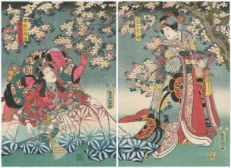 Actors Arashi Rikan III as Kuzunoha-hime (R), Ichikawa Danjûrô VIII as Abe no Yasuna, and Arashi Rikan III as the Footman (Yakko) Yokanbei (L)