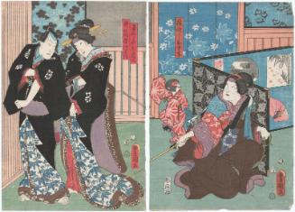 Actors Arashi Rikan III as the Monkey Trainer (Sarumawashi) Owasa (R), Bandô Shûka I as Geisha Oshun, and Bandô Takesaburô I as Izutsuya Denbei (L)
