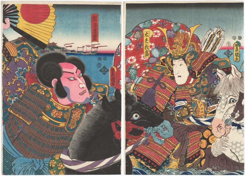 Actors Iwai Kumesaburô III as Tayû Atsumori (R) and Ichikawa Danjûrô VIII as Kumagai Naozane (L)
 
