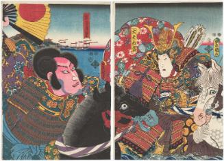 Actors Iwai Kumesaburô III as Tayû Atsumori (R) and Ichikawa Danjûrô VIII as Kumagai Naozane (L)
 
