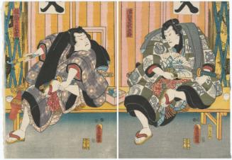 Actors Ichikawa Danjûrô VIII as Nuregami Chôgorô (R) and Arashi Rikan III as Hanaregoma no Chôkichi (L)
 
