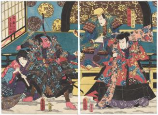 Actors Arashi Rikan III as Abe Sadatô, Ichikawa Danjûrô VIII as Hachimantarô (R), Ichikawa Ebizô V as Abe Munetô, and Arashi Rikan III as Sadatô's Wife (Tsuma) Sodehagi (L)
  
