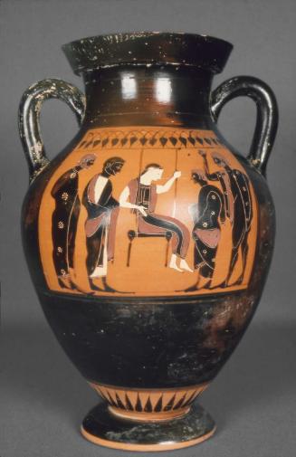 Two-handled jar (amphora) depicting a woman in a swing and four men