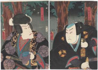 Actors Arashi Rikan III as Takasago Yuminosuke (R) and Ichikawa Danjûrô VIII as Jitsumu Shônin Jiraiya (L)
 
