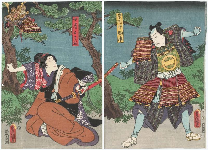 Actors Kataoka Gadô II as Kônai's Son (Segare) Sukeichi (R) and Iwai Kumesaburô III as Wife (Nyôbô) Osone (L)
 
