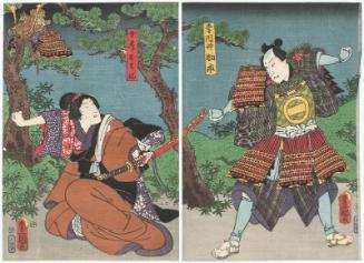 Actors Kataoka Gadô II as Kônai's Son (Segare) Sukeichi (R) and Iwai Kumesaburô III as Wife (Nyôbô) Osone (L)
 

